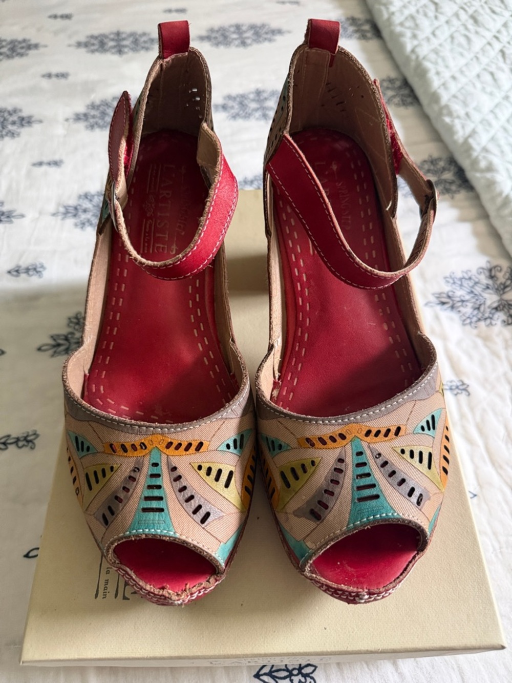 Multicolor Cutout Peep-Toe Wedge Sandals - Red Insole